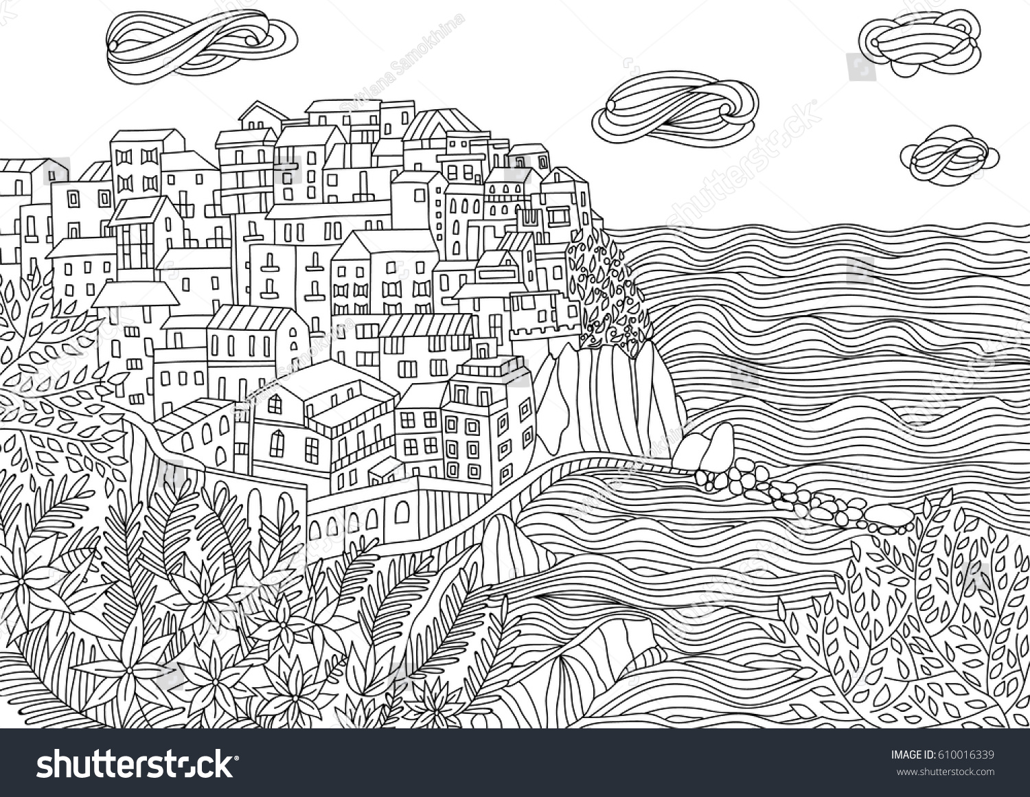 Coloring adult monterosso al mare italy stock vector royalty free