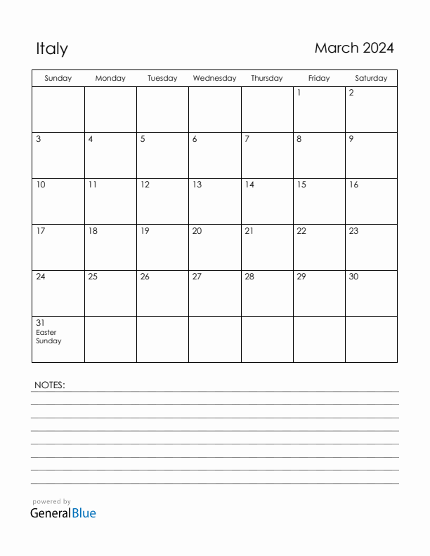 March italy calendar with holidays