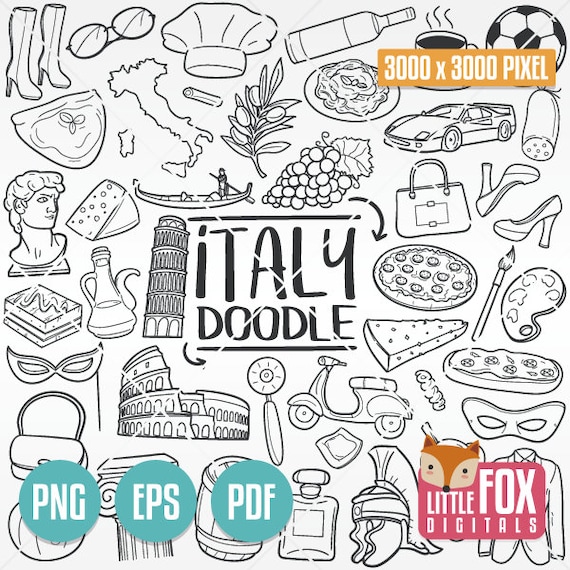 Italy travel icons vector doodle italian symbol doodle icons clipart scrapbook set hand drawn line art italy artwork clip art coloring