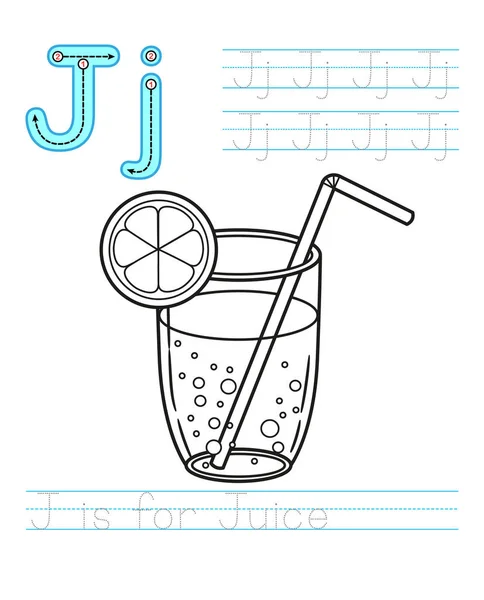 Coloring book page printable worksheet for kindergarten and preschool exercises for study english vector coloring book alphabet simple level of difficulty letter j juice