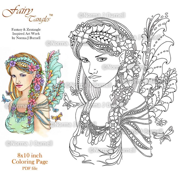 Fairy tangles printable coloring pages by norma j burnell fairy coloring book pages printable coloring sheets digital coloring for grownups