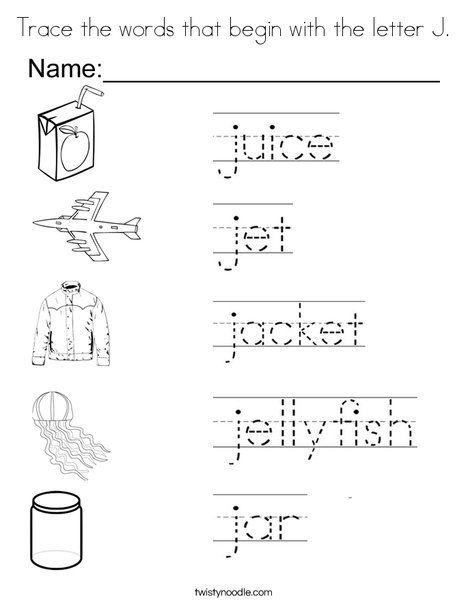 Trace the words that begin with the letter j coloring page handwriting worksheets for kids tracing worksheets preschool letter j