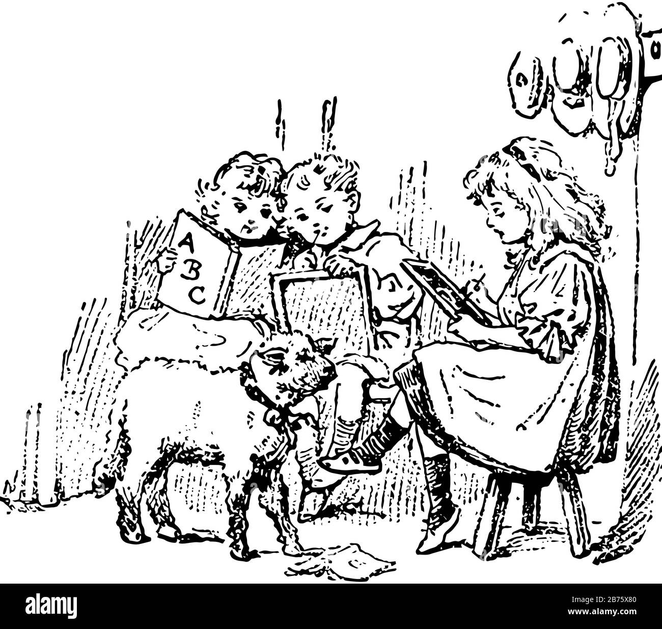 Sheep with children black and white stock photos images