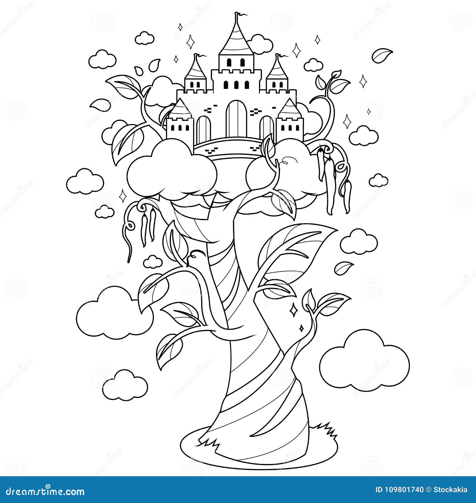 Jack and the beanstalk magic beanstalk and castle vector black and white coloring page stock vector