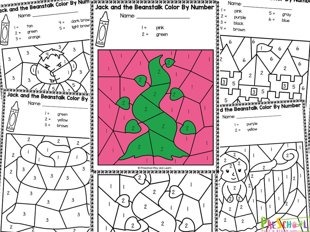 Printable jack and the beanstalk color by number worksheets