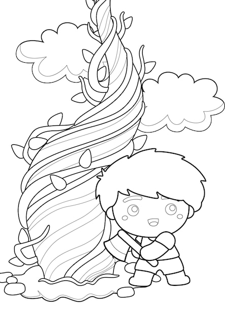 Premium vector jack and the beanstalk coloring page for kids and adult