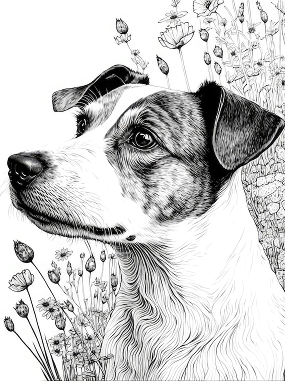 Jack russell terrier adult coloring sheet ai generated coloring page of a jack russell dog with flowers instant download