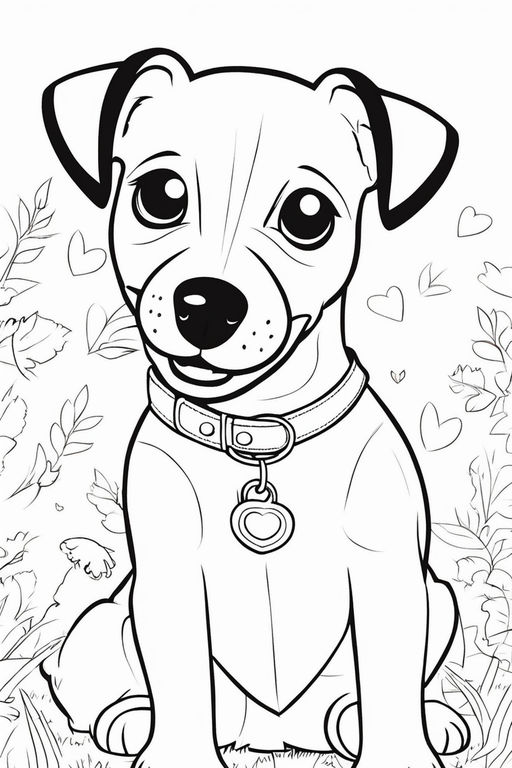Jack russell rough coat terrier puppy happy with black and white monochromatic fine line art for good detail in black in white celebration may gibbs story book style art coloring book white