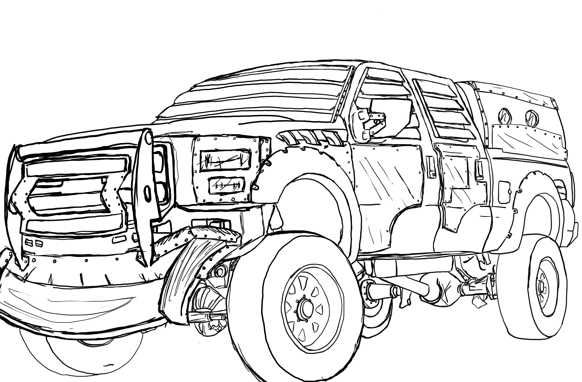 Post apocalyptic ford truck lineart by rumpbiscuit on