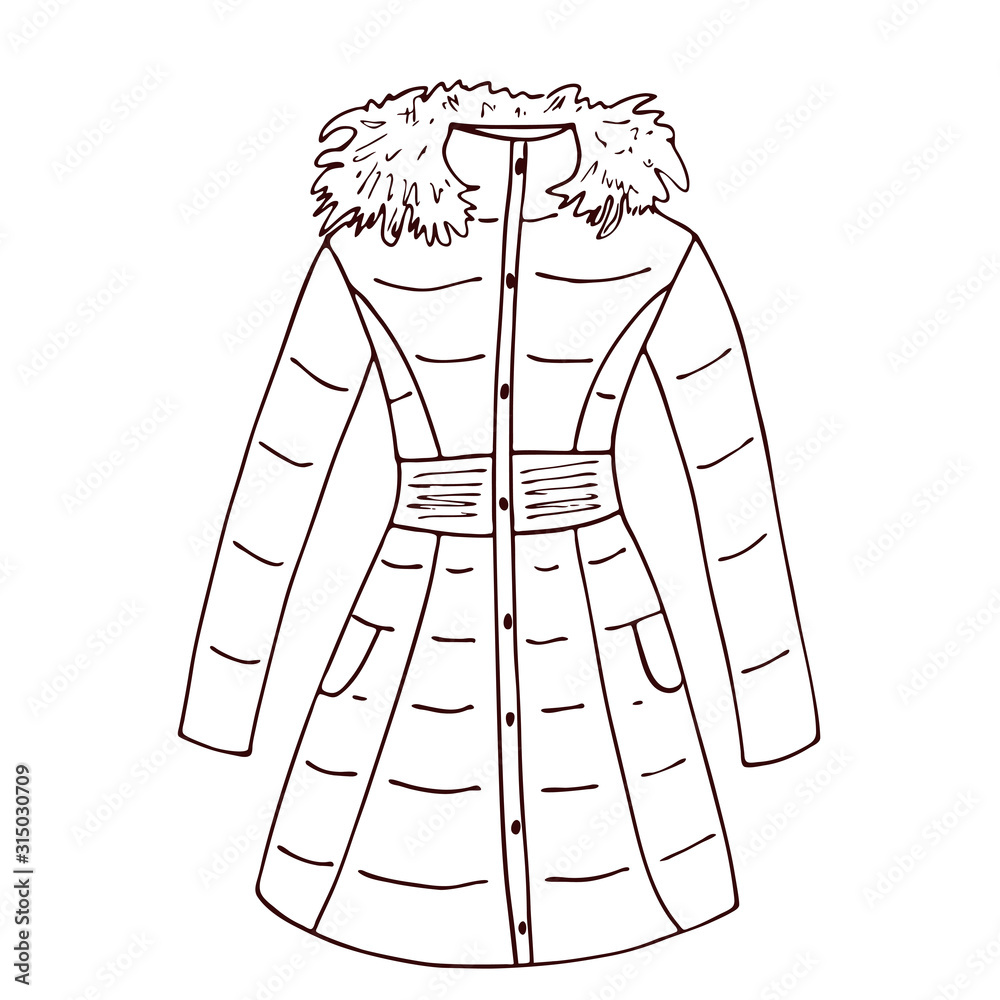 Winter jacket in outline style coloring page for children vector illustration of cartoon coat with fur vector