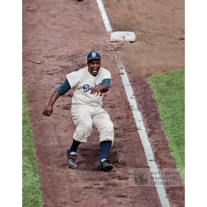 Jackie robinson brooklyn dodgers rd base x colorized print