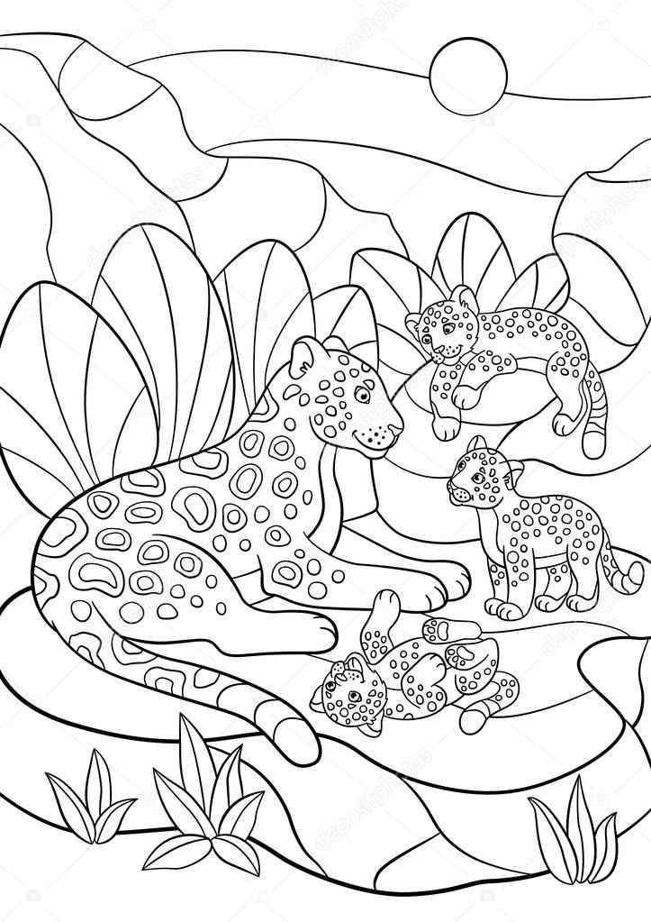 Coloring pages mother jaguar with her little cute cubs stock vector by ya