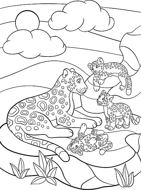 Coloring pages mother jaguar with her little cute cubs stock illustration