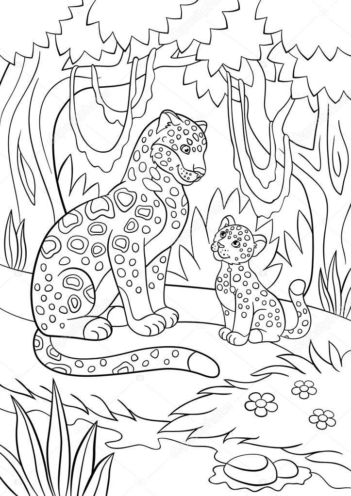Coloring pages mother jaguar with her cub stock vector by ya
