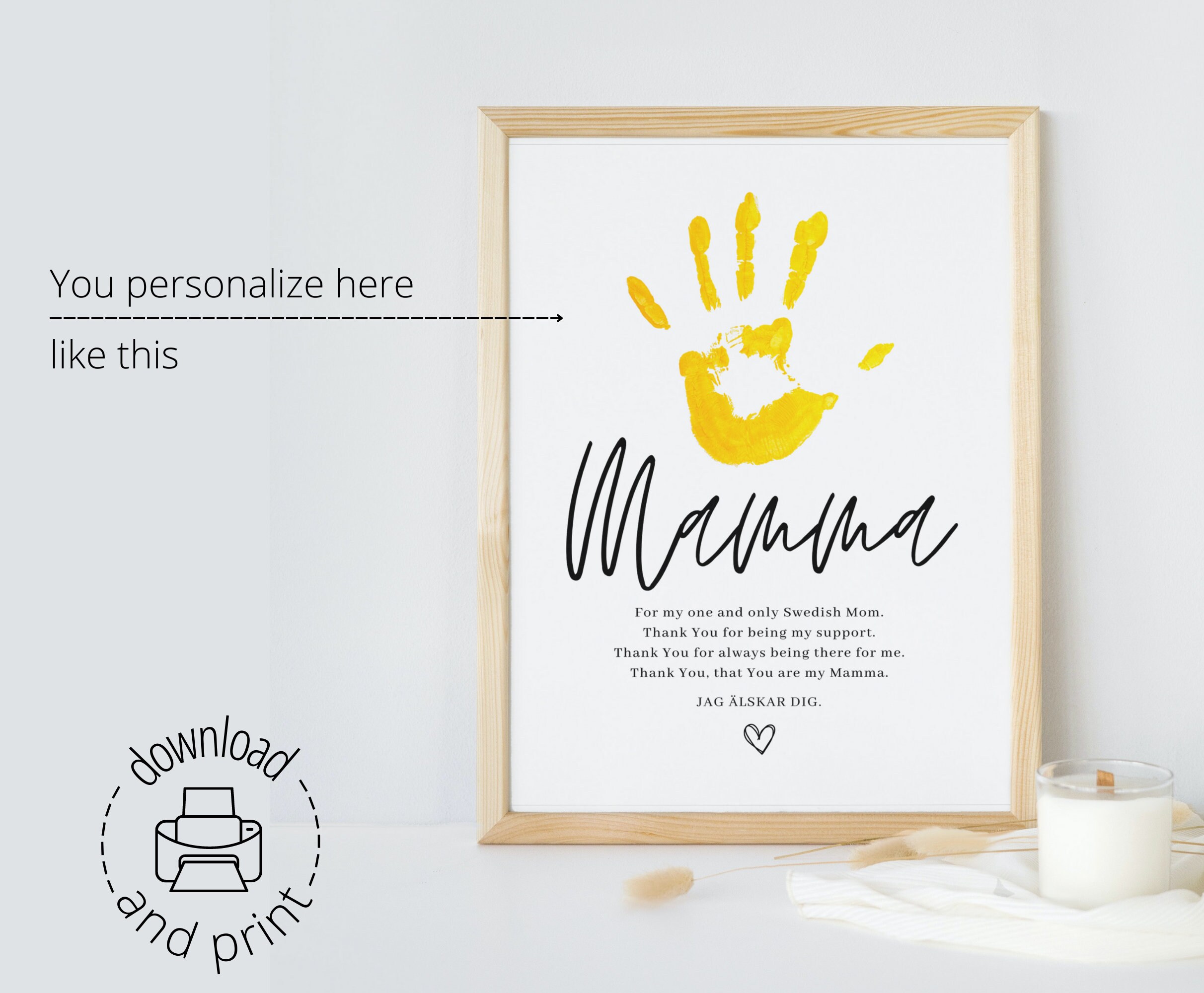 Handprint art gift for swedish mothers diy craft mothers day mom diy birthday gift personalized moms gift art gift for mother mamma