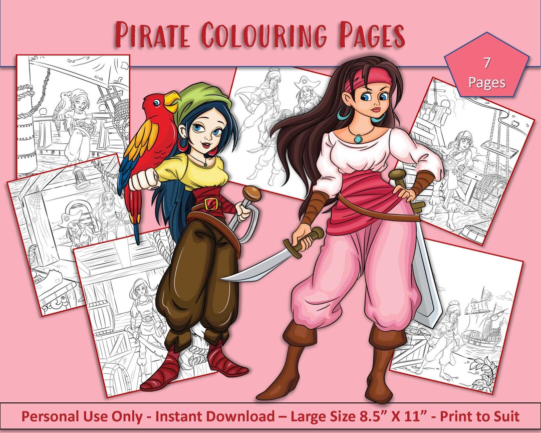 Pirate theme colouring pages for kids instant download easy print at home us letter size