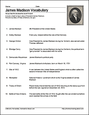 James madison wordsearch worksheets coloring pages