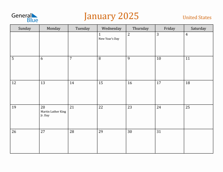 January monthly calendar with united states holidays
