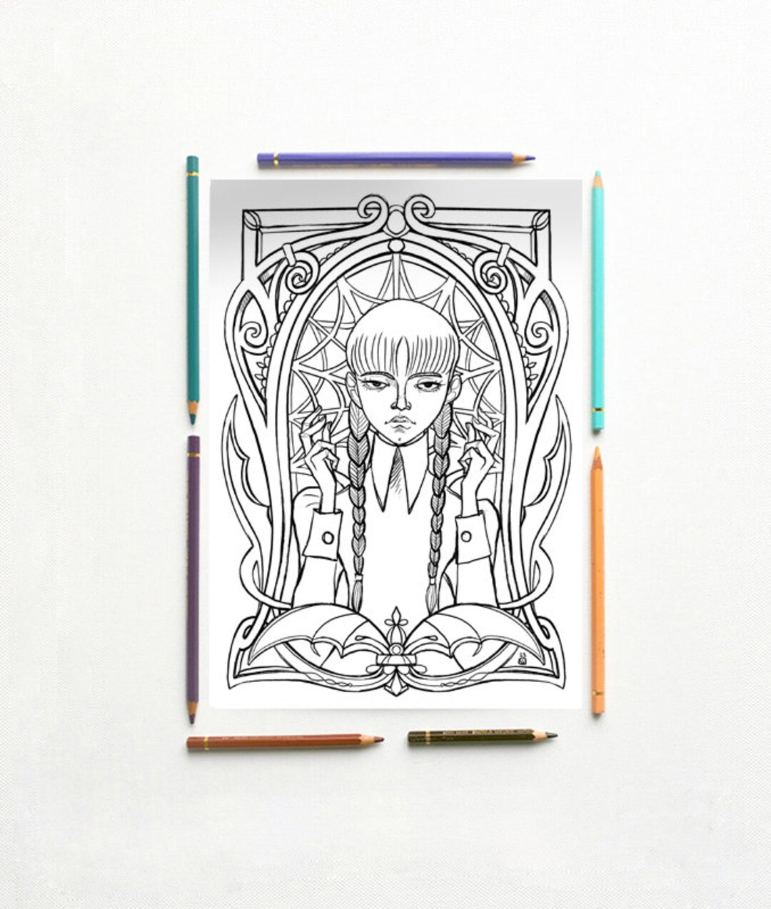 Coloring page pdf wednesday addams portrait tim burton wednesday instant download pdf