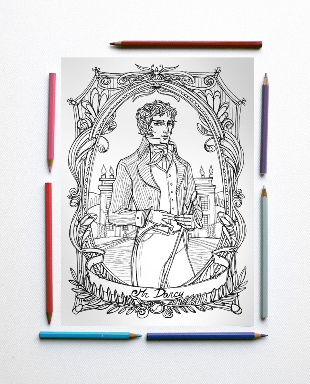 Coloring page pdf jane austen pride and prejudice mr darcy and pemberley in foreground instant download art printable illustration