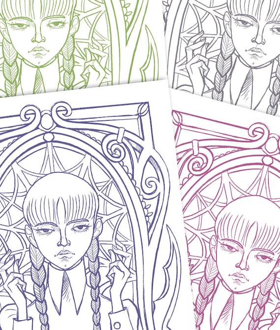 Coloring page pdf wednesday addams portrait tim burton wednesday instant download pdf
