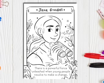 Jane goodall coloring page earth day colouring sheet printable drawing women in stem coloring quote inspirational women in science art print