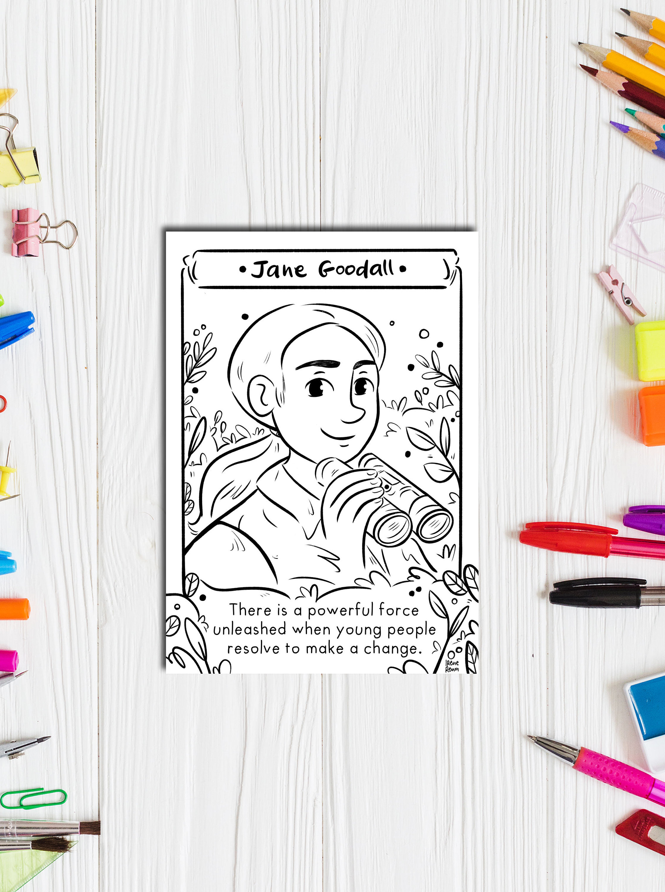 Jane goodall coloring page earth day colouring sheet printable drawing women in stem coloring quote inspirational women in science art print