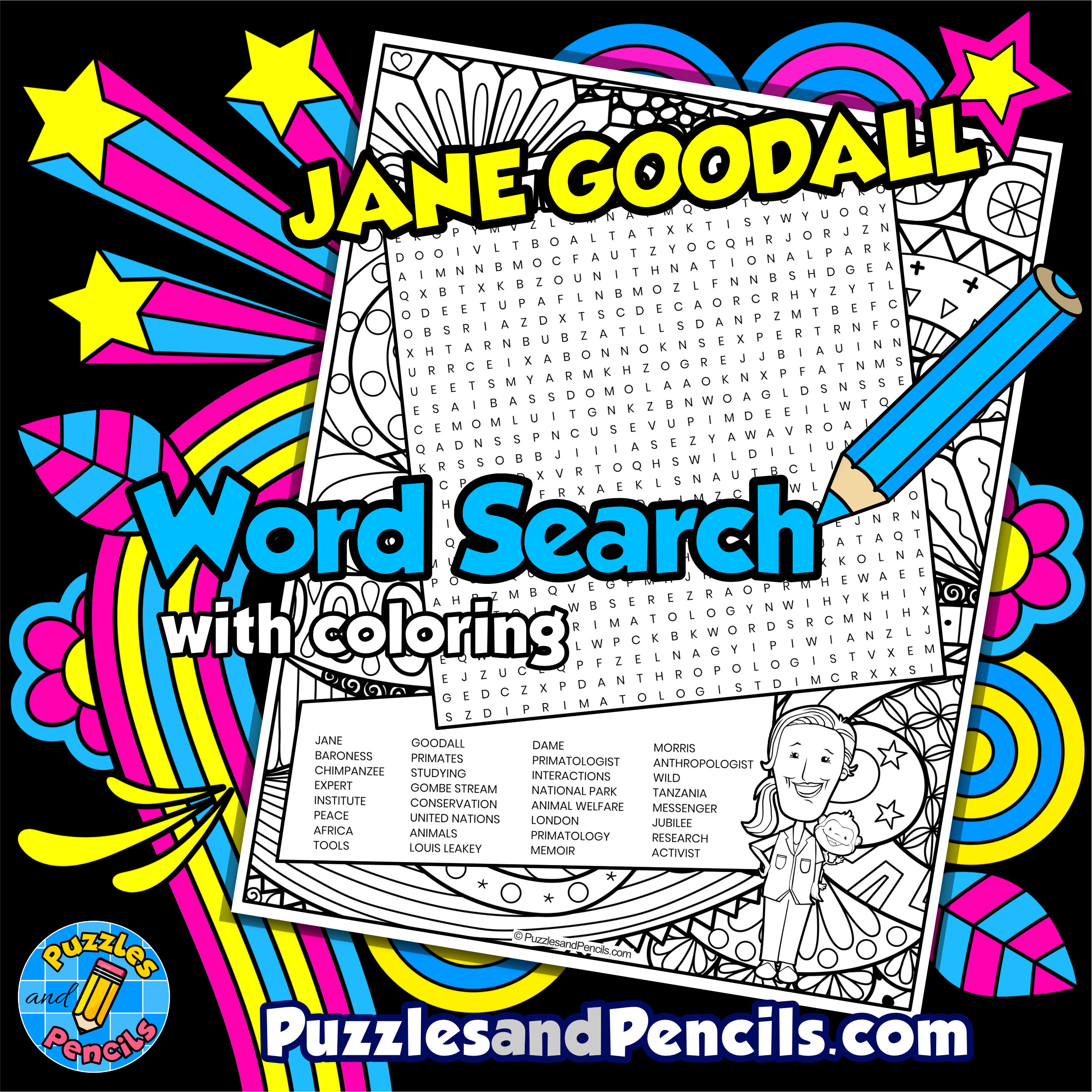 Jane goodall word search puzzle activity page with coloring womens history month wordsearch made by teachers