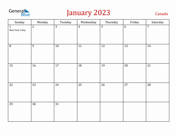 January monthly calendar with canada holidays
