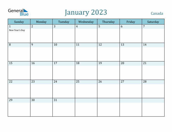 January monthly calendar with canada holidays