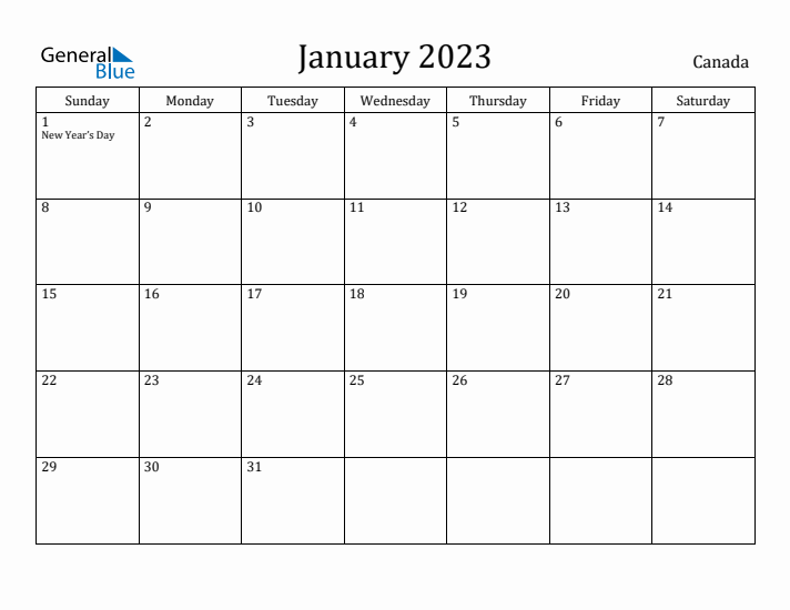 January monthly calendar with canada holidays