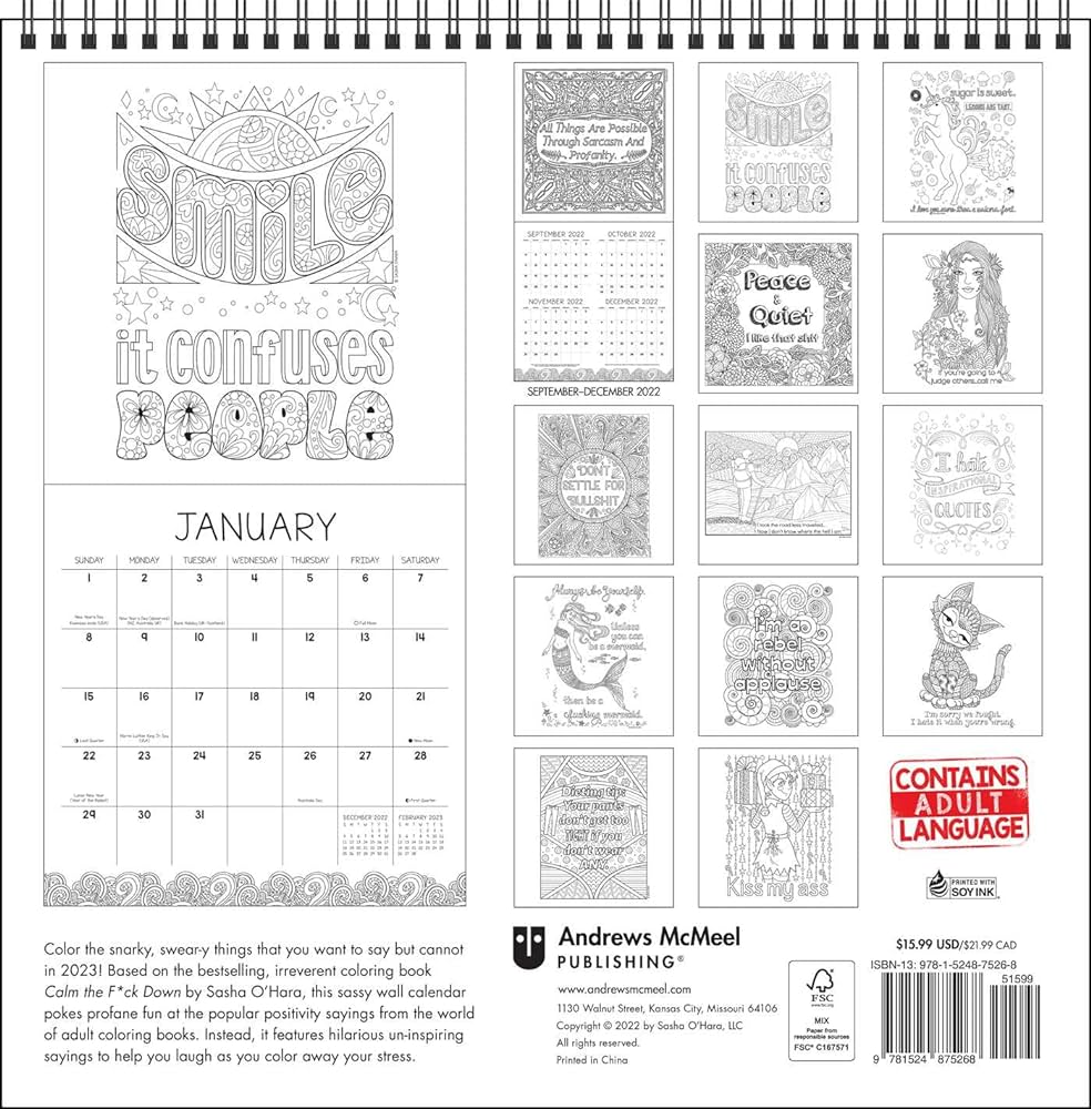 Calm the fck down coloring wall calendar irreverent adult coloring ohara sasha books