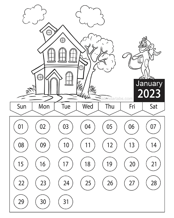 Kids cartoon character coloring calendar