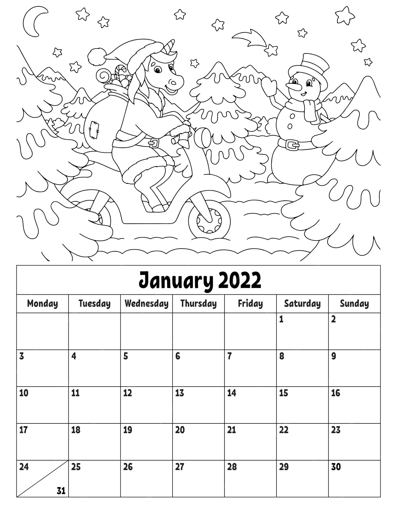 Premium vector vertical calendar for with a cute character coloring page for kids week starts on monday isolated vector illustration cartoon style