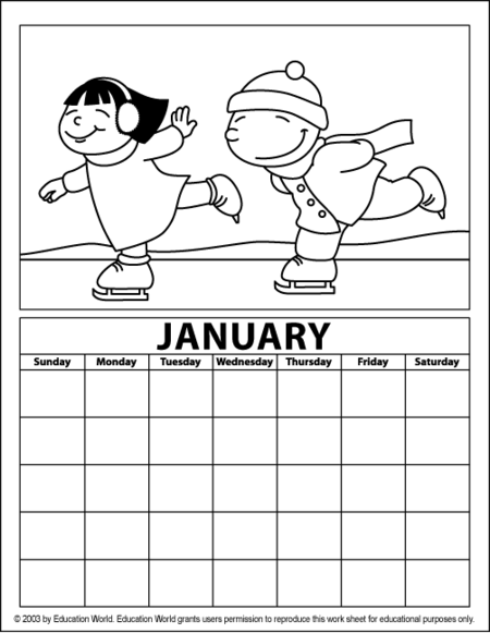 January coloring calendar education world