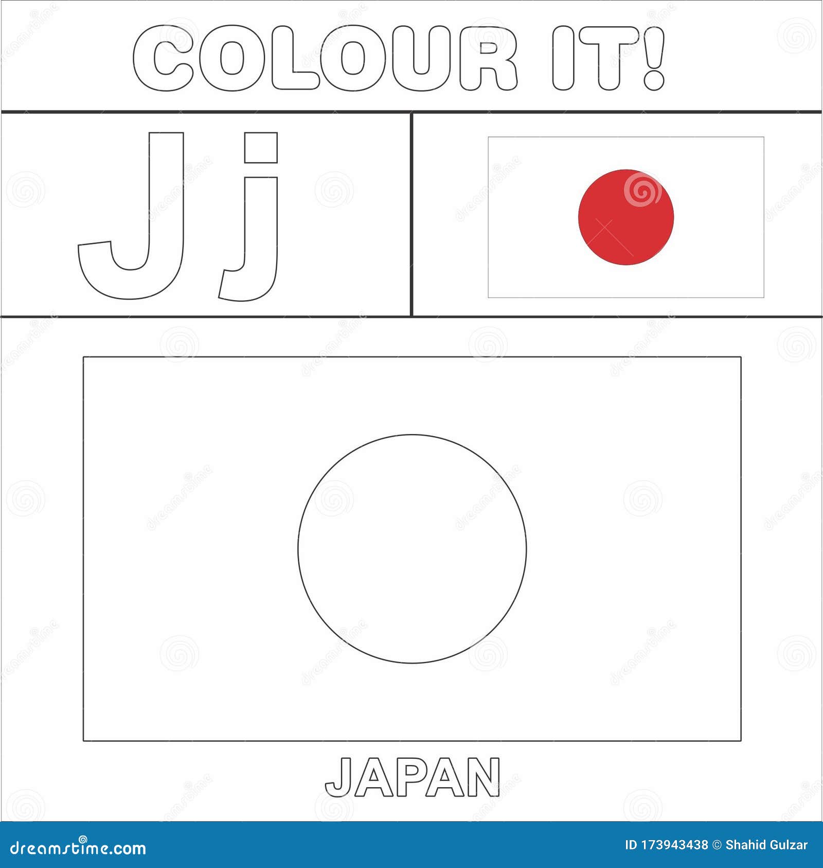 Colour it kids colouring page country starting from english letter j japan how to color flag stock illustration