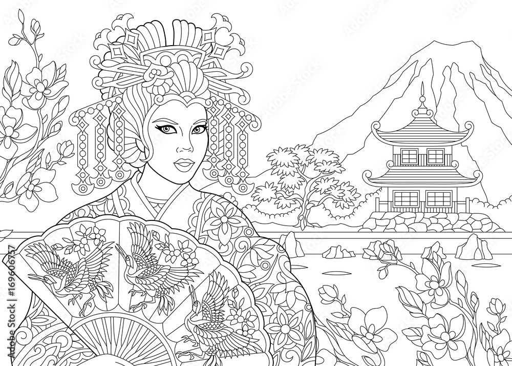 Coloring page of geisha japanese dancing actress with pagoda and cherry blossom on the background freehand sketch drawing for adult antistress coloring book in zentangle style vector