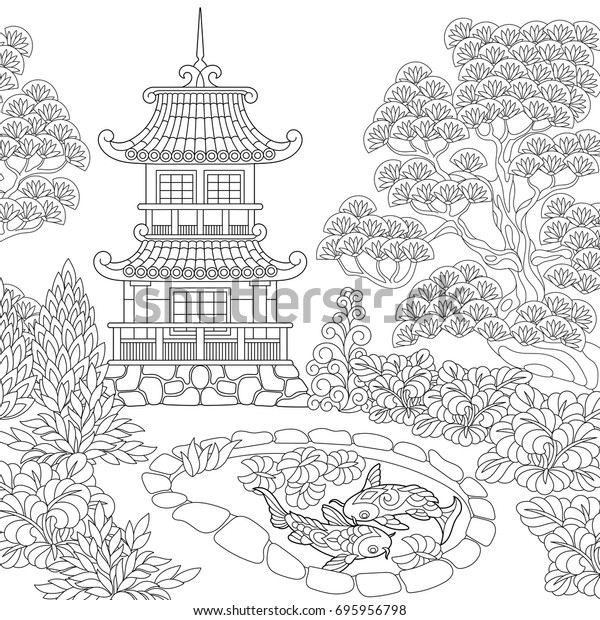 Coloring page oriental temple japanese chinese stock vector royalty free