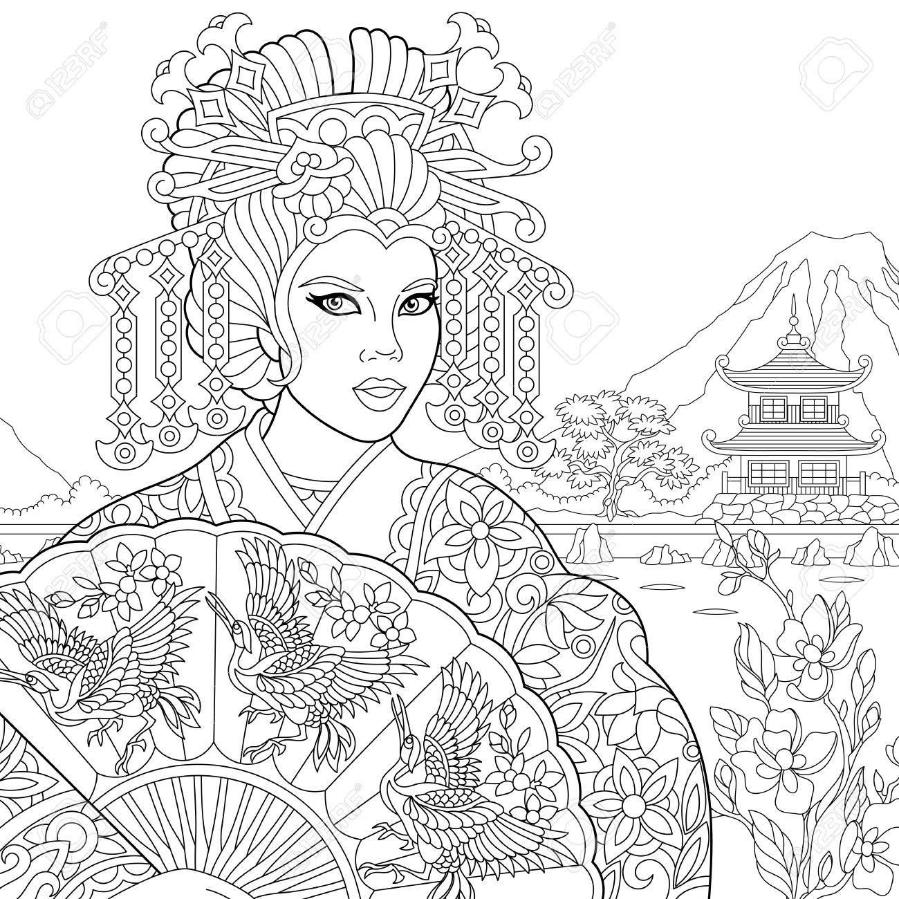 Coloring page of geisha japanese dancing actress holding paper fan with crane birds freehand sketch drawing for adult antistress coloring book royalty free svg cliparts vectors and stock illustration image