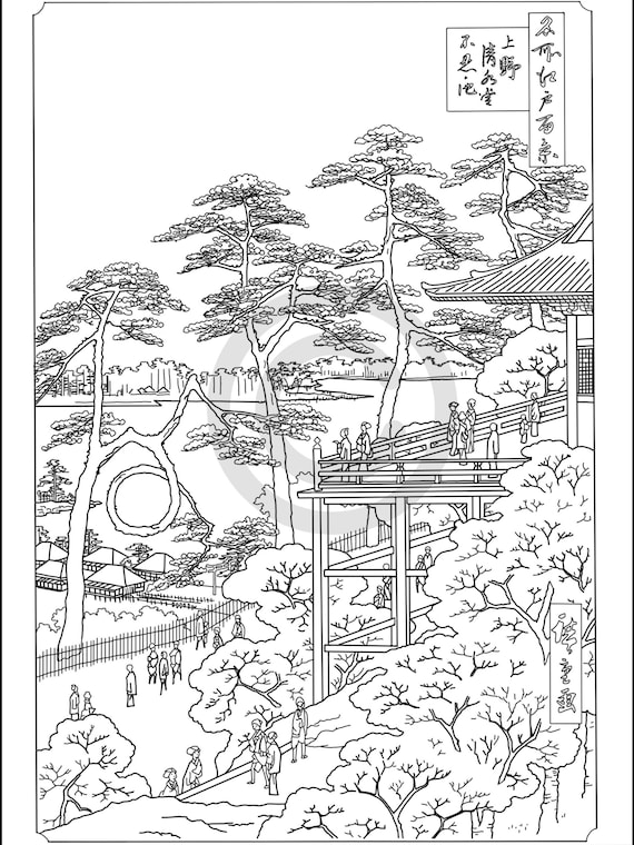 Hiroshige coloring page japanese art downloadable printable line drawing instant download