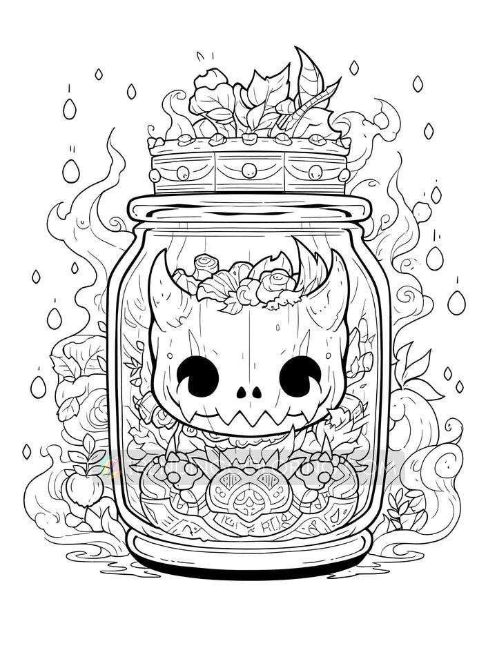Kawaii halloween in jar coloring pages