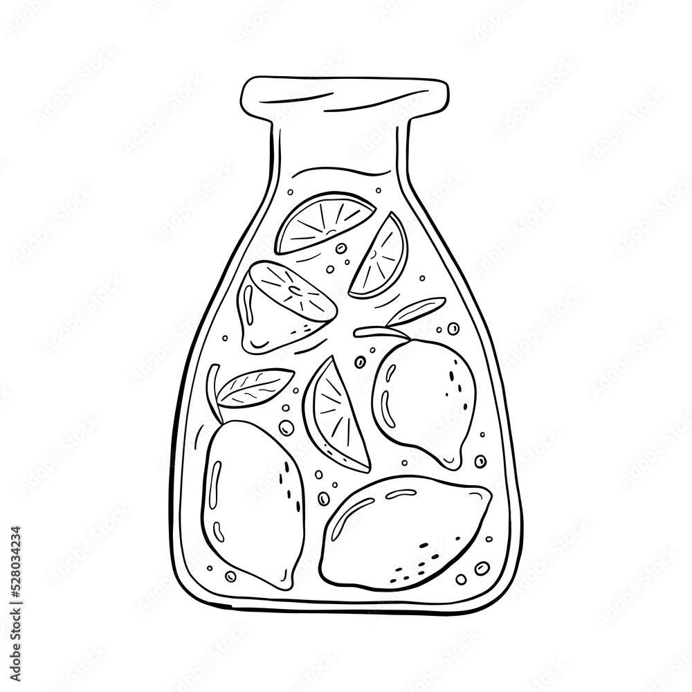 Printable coloring page for adult and childrens with outline jar and lemonade line art design for antistress colouring book hand drawn black and white illustration in vector doodle style vector