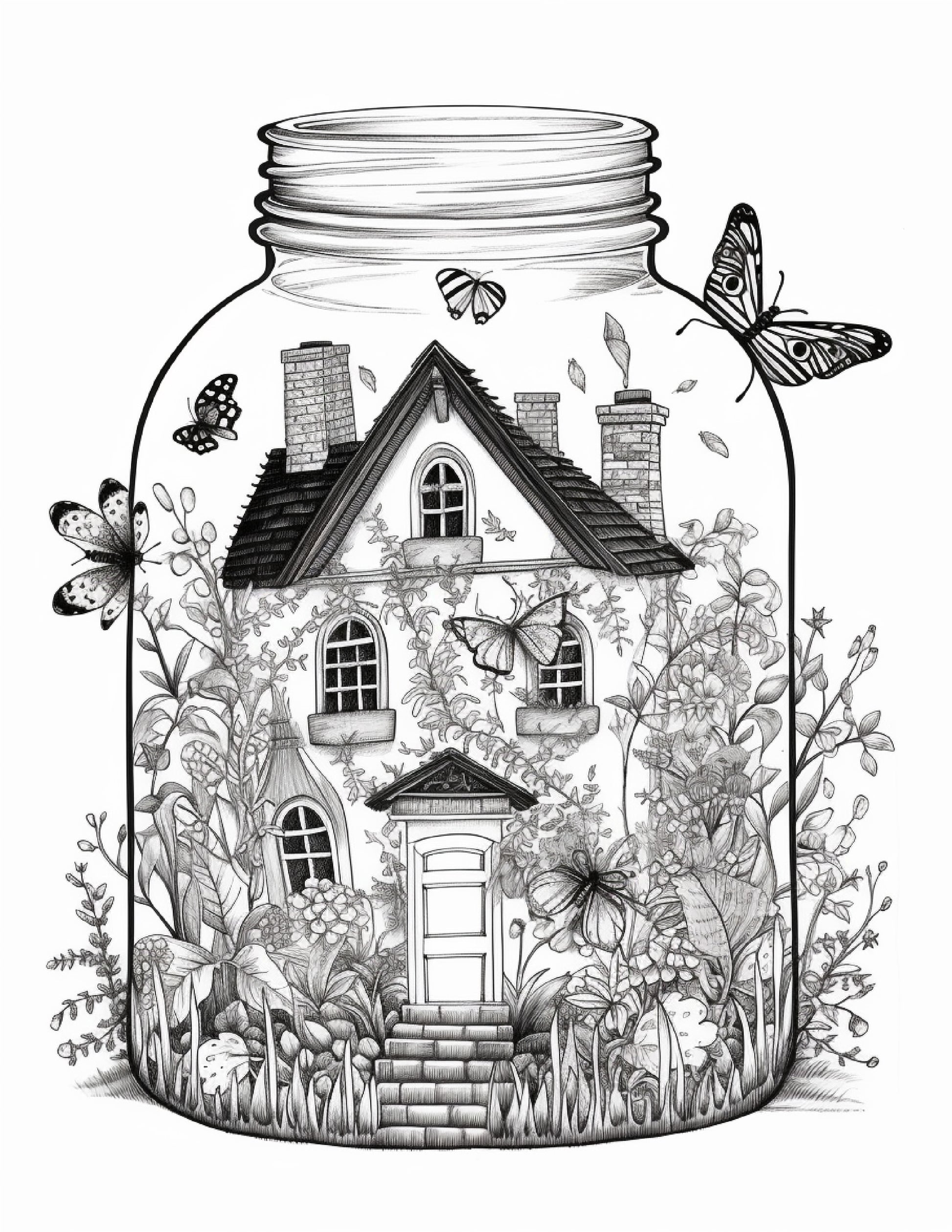 Printable fairy houses in jar coloring pages for adults grayscale â coloring