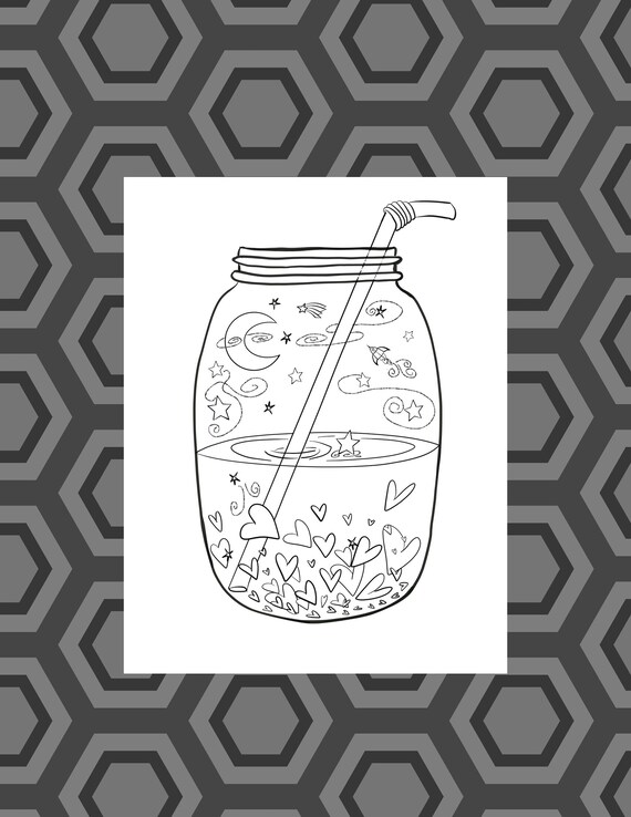 Printable pdf drink the universe in a mason jar coloring page