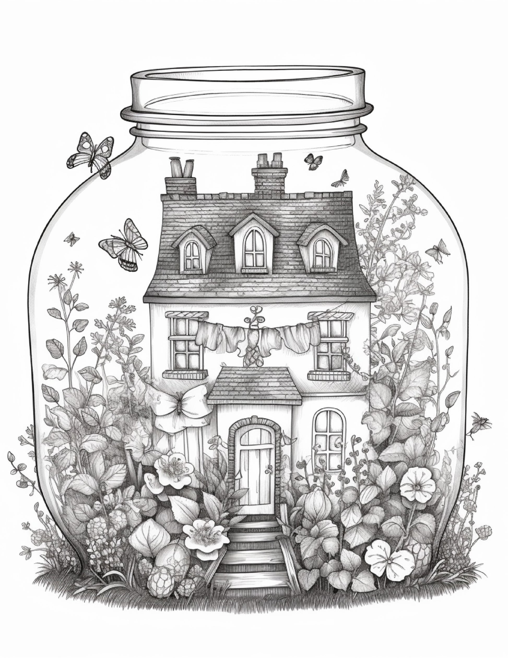 Printable fairy houses in jar coloring pages for adults grayscale â coloring