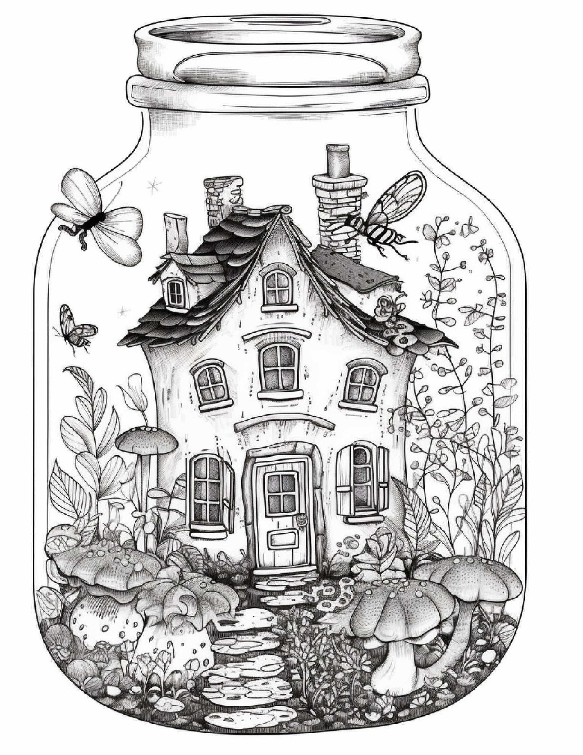 Printable fairy houses in jar coloring pages for adults grayscale â coloring