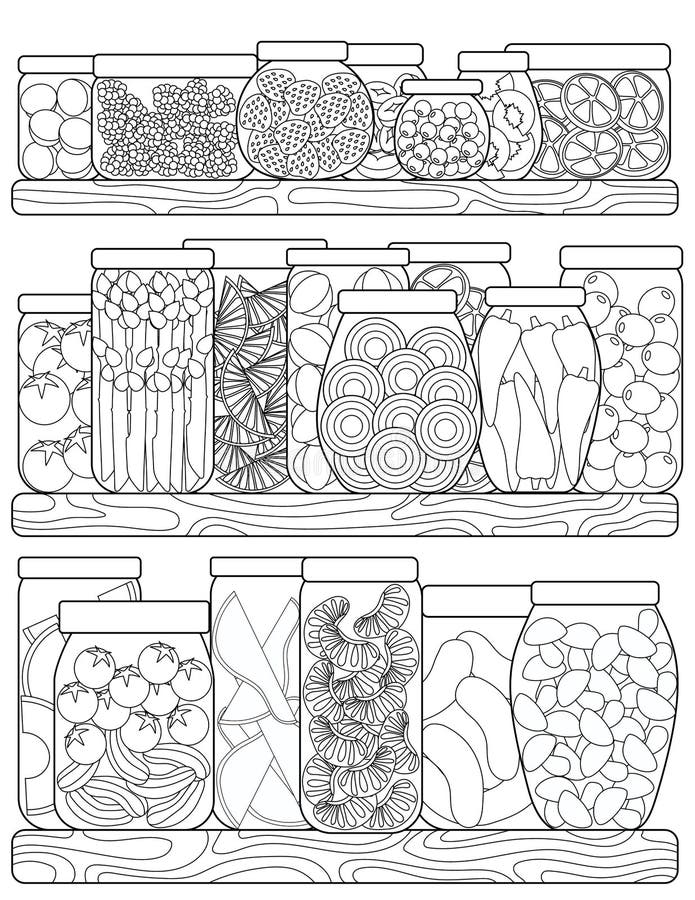 Coloring page with shelves full with fruits and vegetables in jars sheet to be colored with pots filled in with stock vector