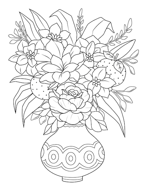 Un dibujo de un jarrãn con flor y hojas vector premium