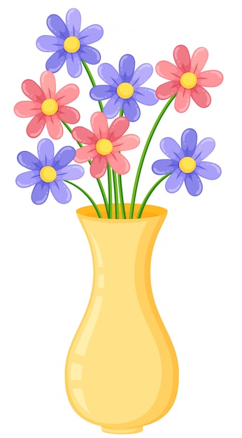 Jarrãn amarillo con flor de color pãºrpura y rosa vector premium