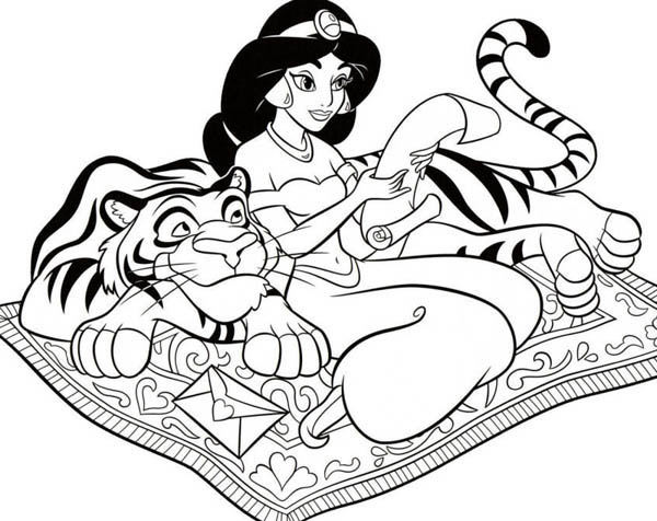 Princess jasmine read a letter with rajah coloring page disney princess colors coloring pages disney princess coloring pages